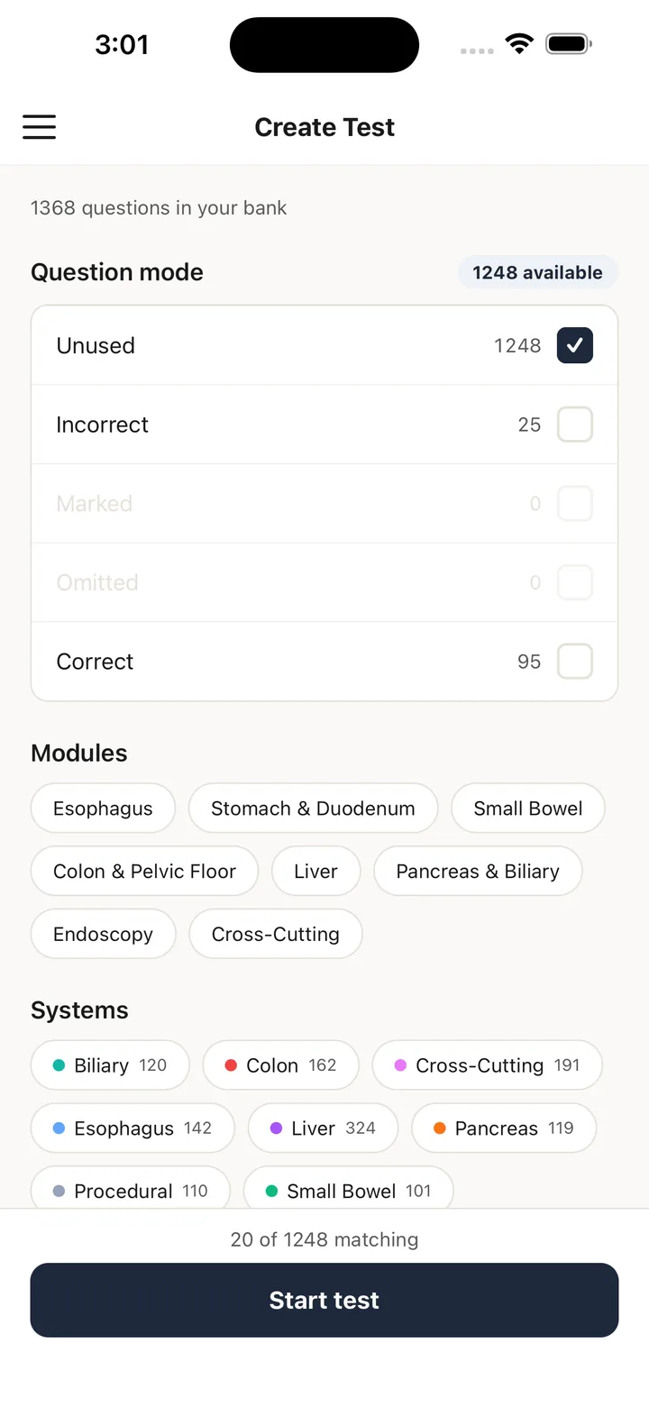The create test screen with question mode, module and system filters, and a start test button.