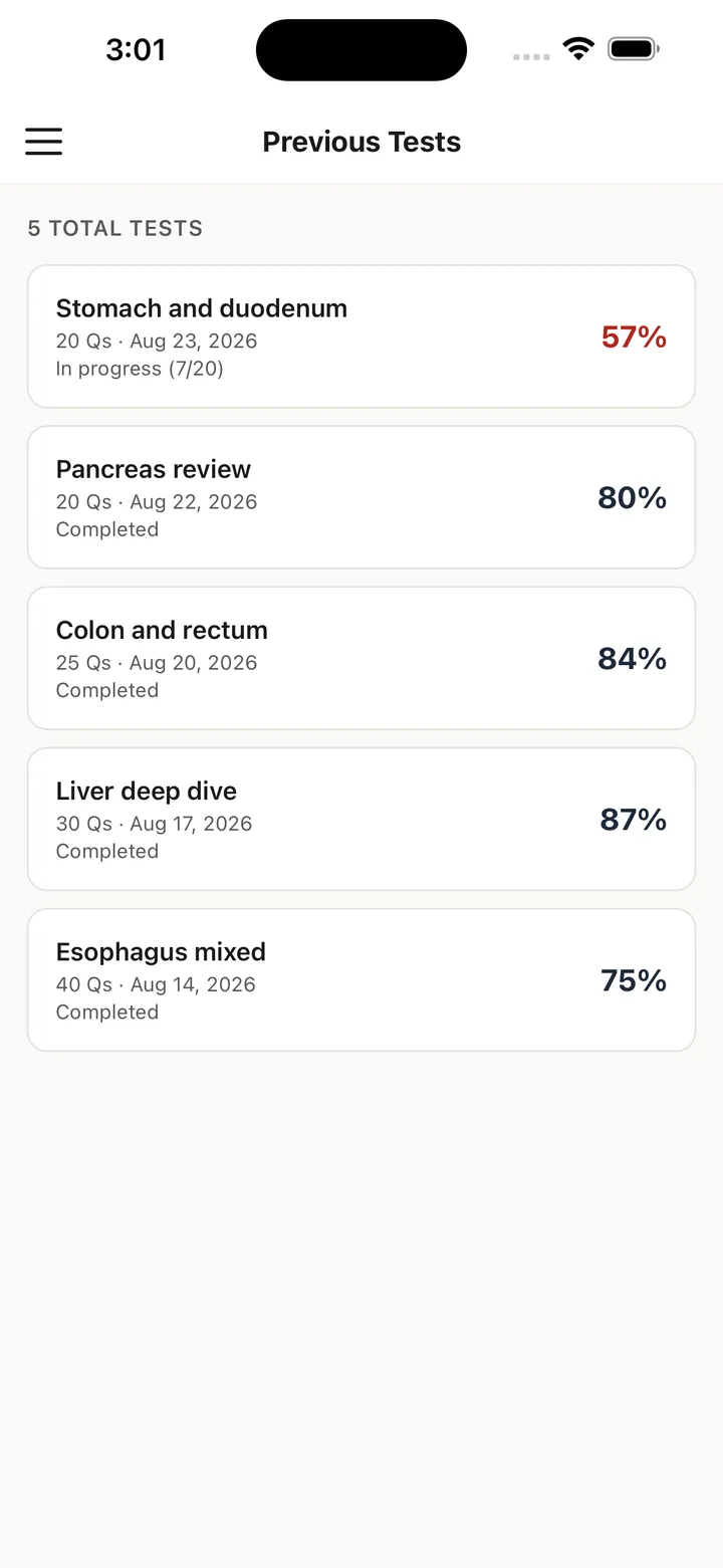 A list of previous tests with their dates, question counts and scores.