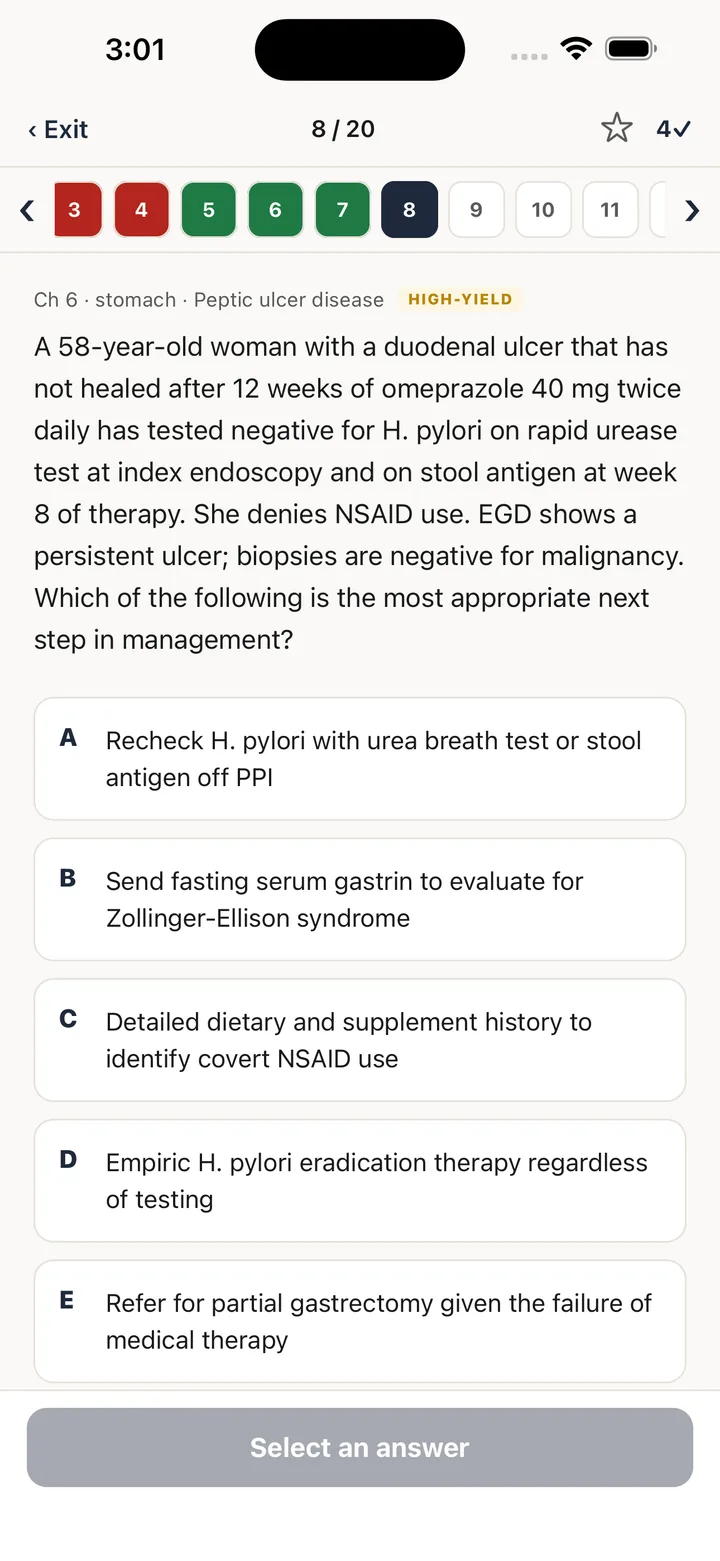 A board-style vignette about a duodenal ulcer that has not healed, with five answer choices.